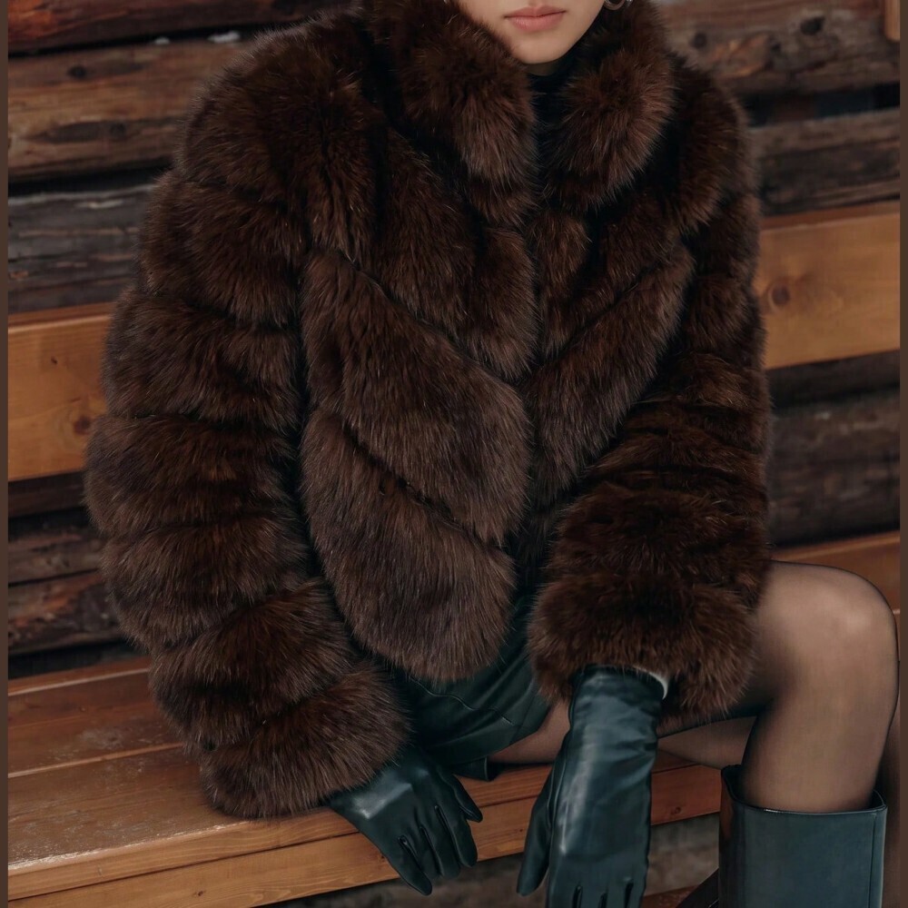 Chocolate Brown Faux Fur Lapel Collar Short Loose Fit Teddy Jacket Coat